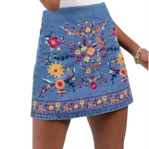 Harper Heritage Embroidered A Line Denim Mini Skirt Blue S bohemian floral